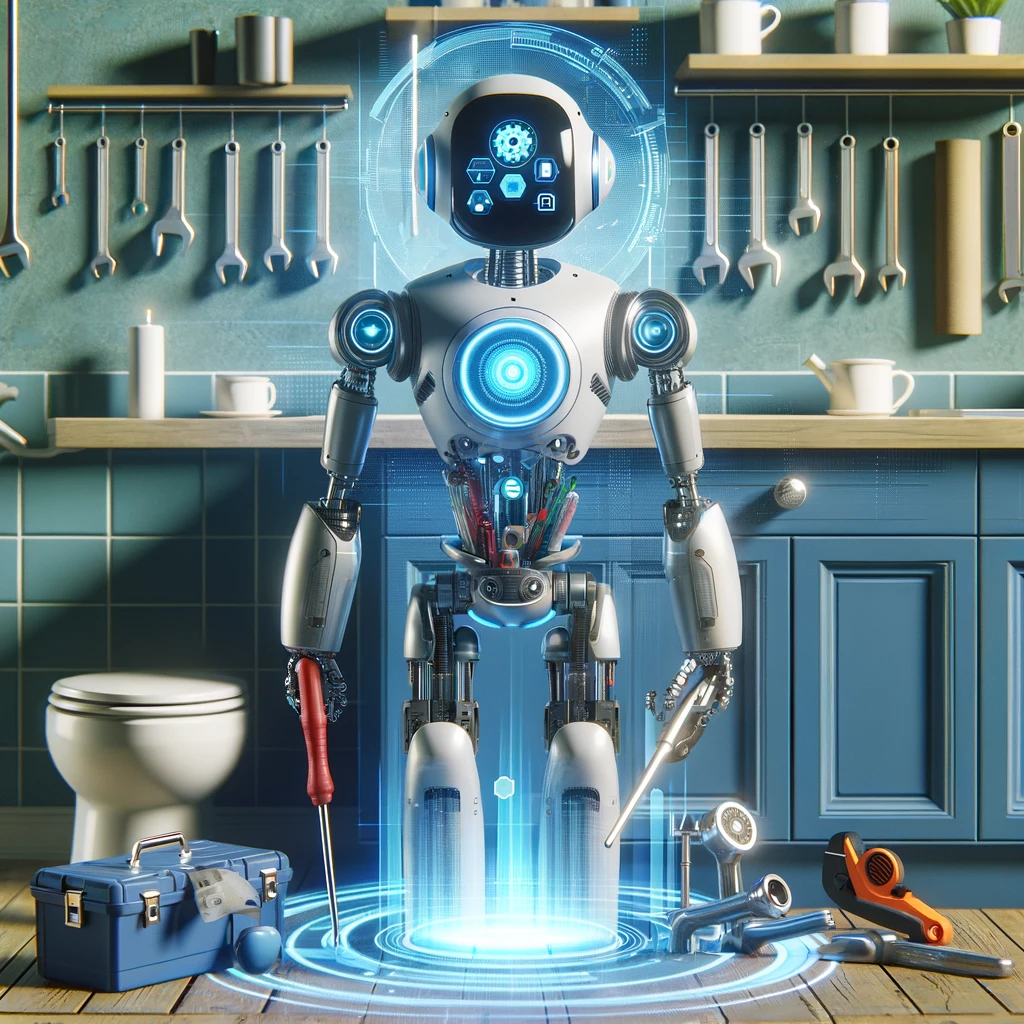 AI Plumbing Assistant robot equipped with tools and a digital screen, showcasing advanced technology in diagnosing and fixing home plumbing issues.