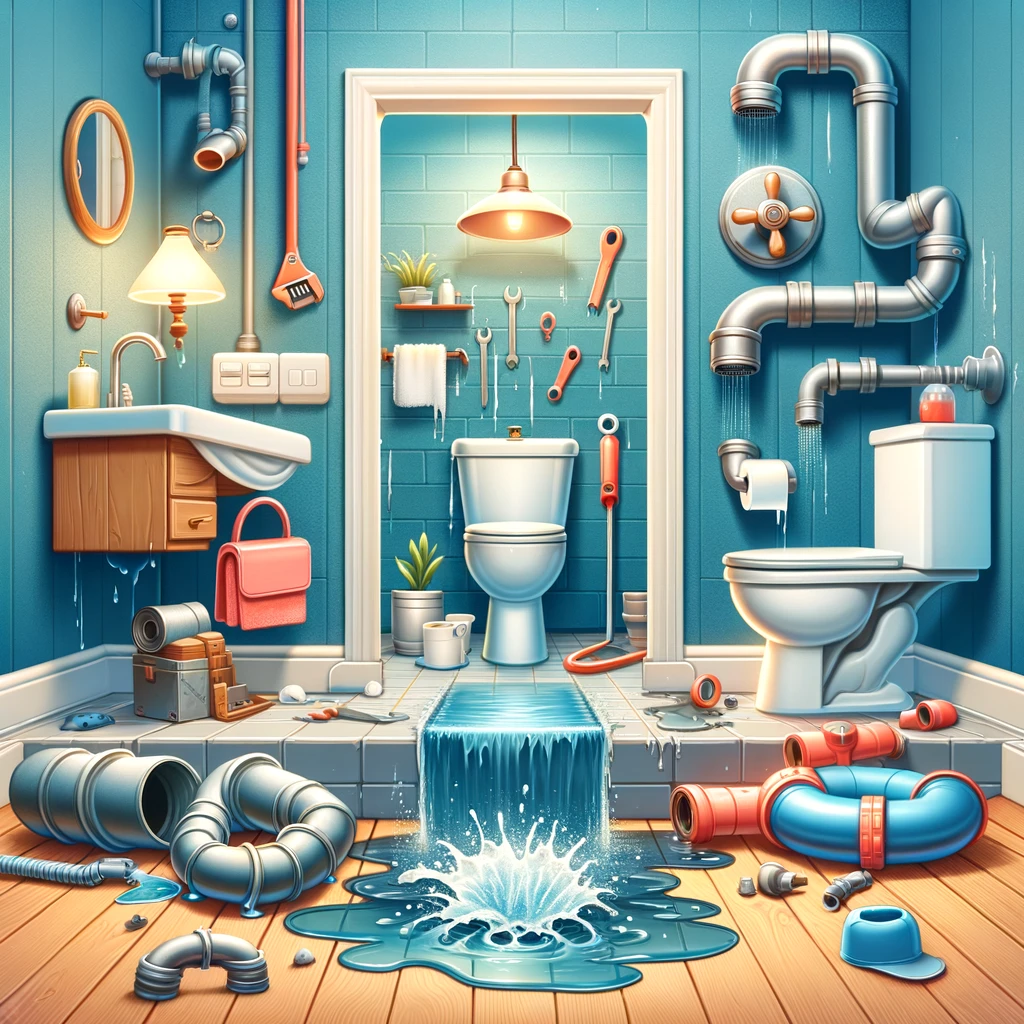 Image showing a variety of plumbing issues, including a clogged drain, toilet plumbing problems, bathtub faucet repair, and signs requiring leak detection, drain cleaning, boiler and water line repair, along with a need for sewer service, backflow and burst pipe repair, and water filtration system installation.