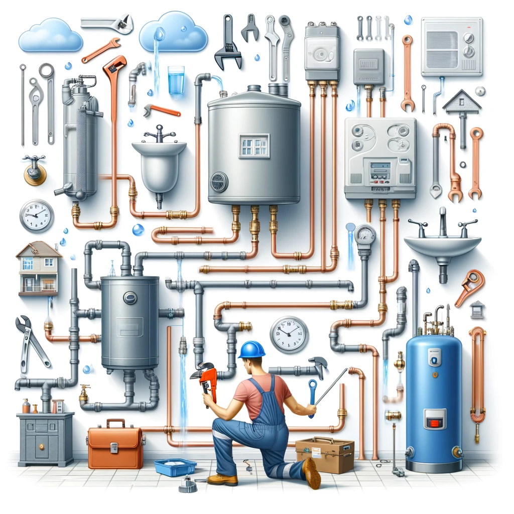 Image depicting a plumber at work in a residential setting, showcasing various aspects of plumbing including faucets for sinks, toilet plumbing, and plumbing pipes, representing services like emergency and commercial plumbing, water heater repair, and affordable plumbing solutions available locally and 24/7.