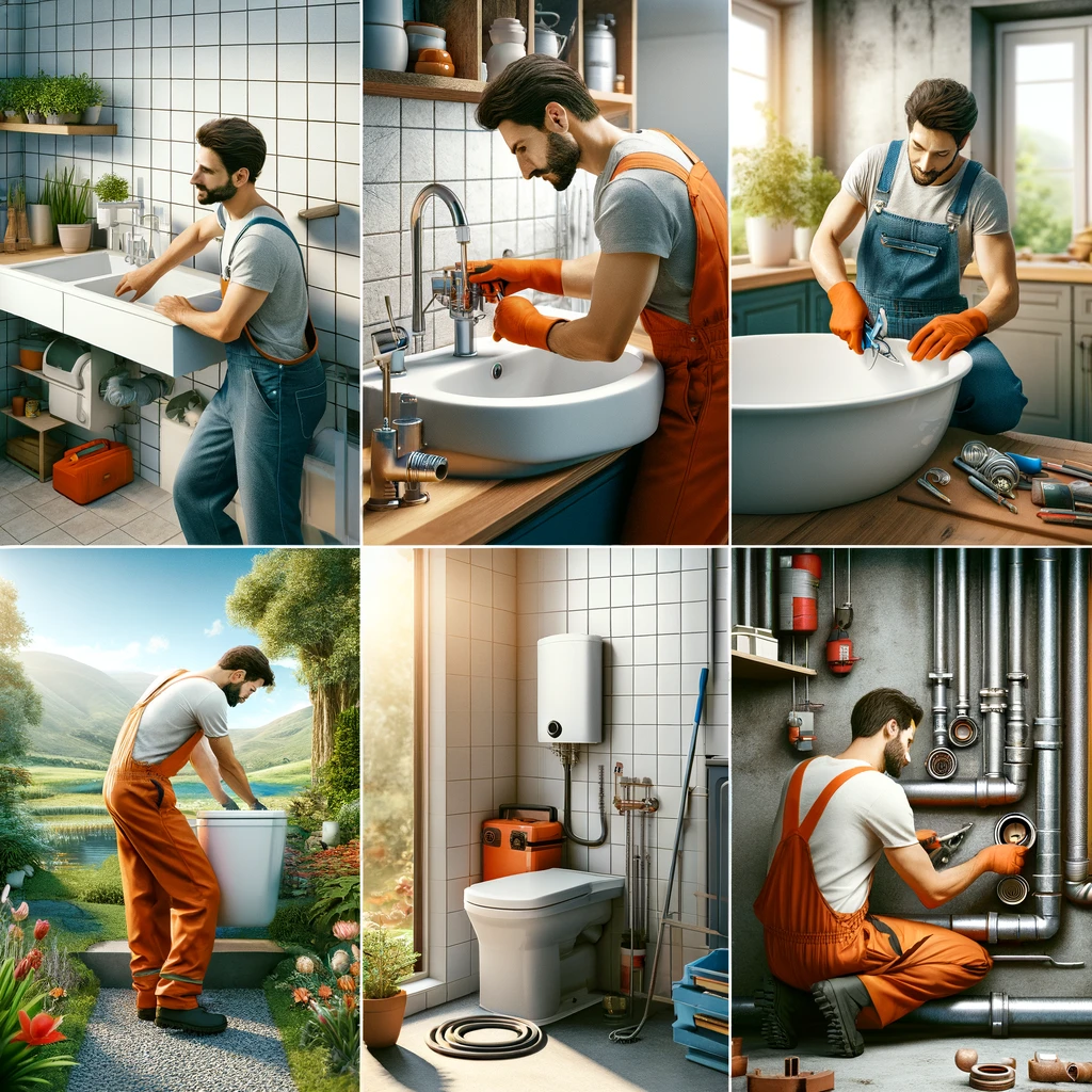 Scenes of plumbers near me providing plumbing services, using plumbing tools for drain cleaner tasks, installing pex supply and garbage disposals, repairing water heaters, and working with plumbers putty.